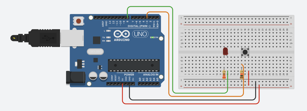 Arduino og et koplingsbrett med en lysdiode, en trykknapp, to resistorer og ledninger. Illustrasjon.