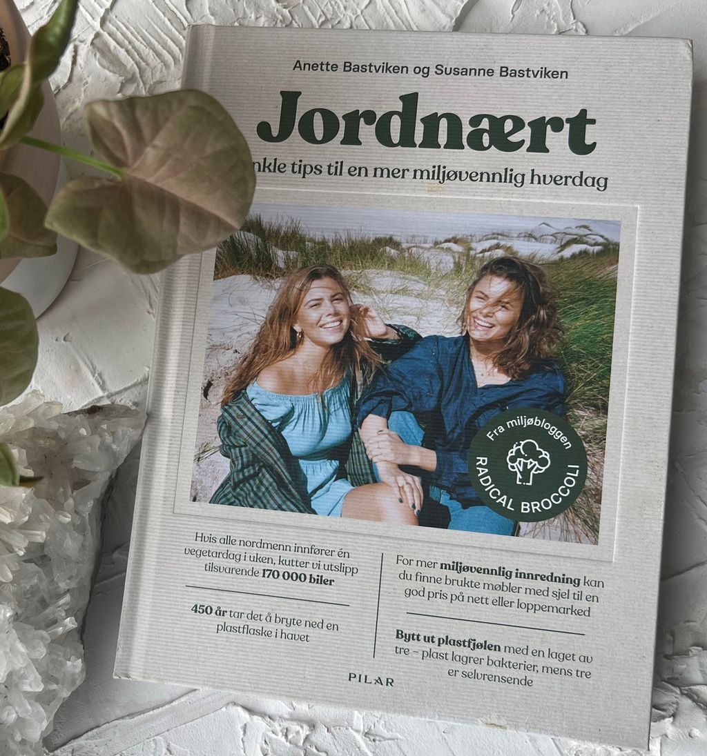 Boka "Jordnært – Enkle tips til en mer miljøvennlig hverdag" ligger på et hvitt underlag ved siden av en krystall og en plante. Foto.