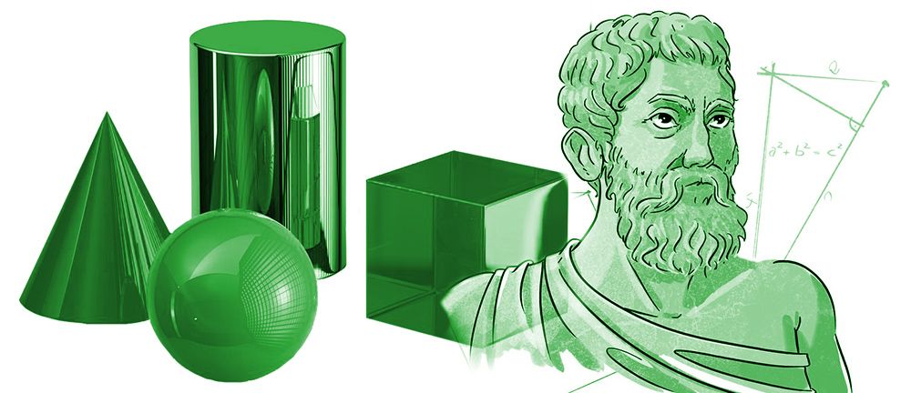 Ei kjegle, ei kule, en sylinder, en kube, en tegning som skal forestille Pytagoras og en trekantfigur som viser Pytagoras' setning. Illustrasjon.