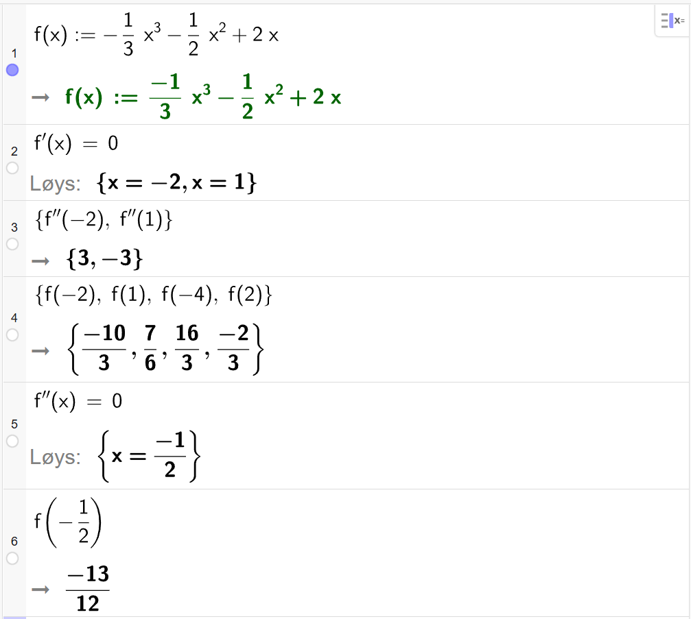 På linje 1 i CAS-vindauget i GeoGebra er f av x definert som minus 1 tredjedels x i tredje minus 1 halv x i andre pluss 2 x. På linje 2 er f derivert av x sett lik 0. Svaret med Løys er x er lik minus 2 eller x er lik 1. På linje 3 er f dobbeltderivert av minus 2 og f dobbeltderivert av 1 rekna ut til 3 og minus 3. På linje 4 er f av minus 2, f av 1, f av minus 4 og f av 2 rekna ut til minus 10 tredjedelar, 7 sjettedelar, 16 tredjedelar og minus 2 tredjedelar. På linje 5 er f dobbeltderivert av x sett lik 0. Svaret med Løys er x er lik minus ein halv. På linje 6 er f av minus ein halv rekna ut til minus 13 tolvdelar. Skjermutklipp.