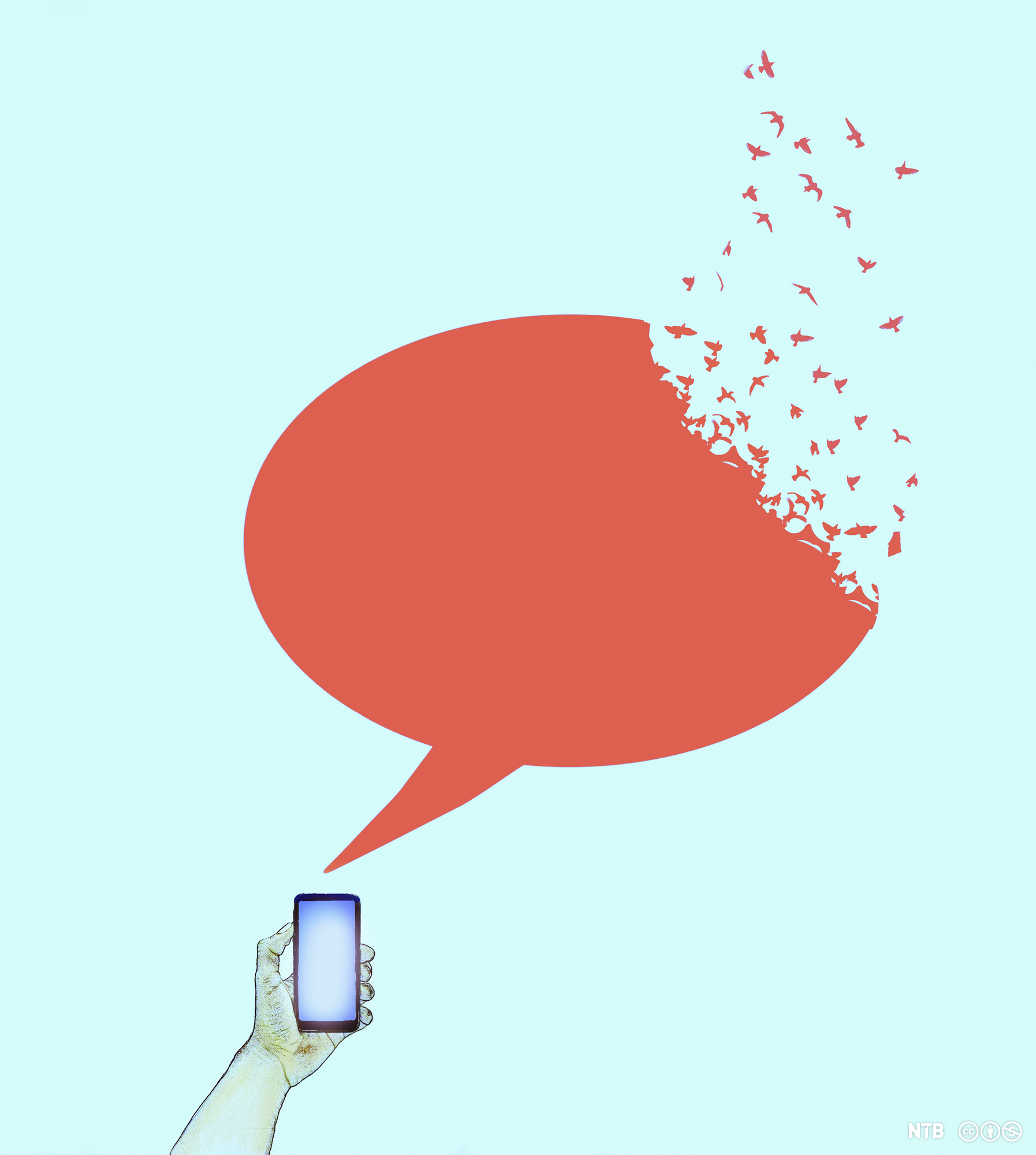 Snakkeboble kommer ut av en mobiltelefon og blir til frie fugler som flyr. Illustrasjon.