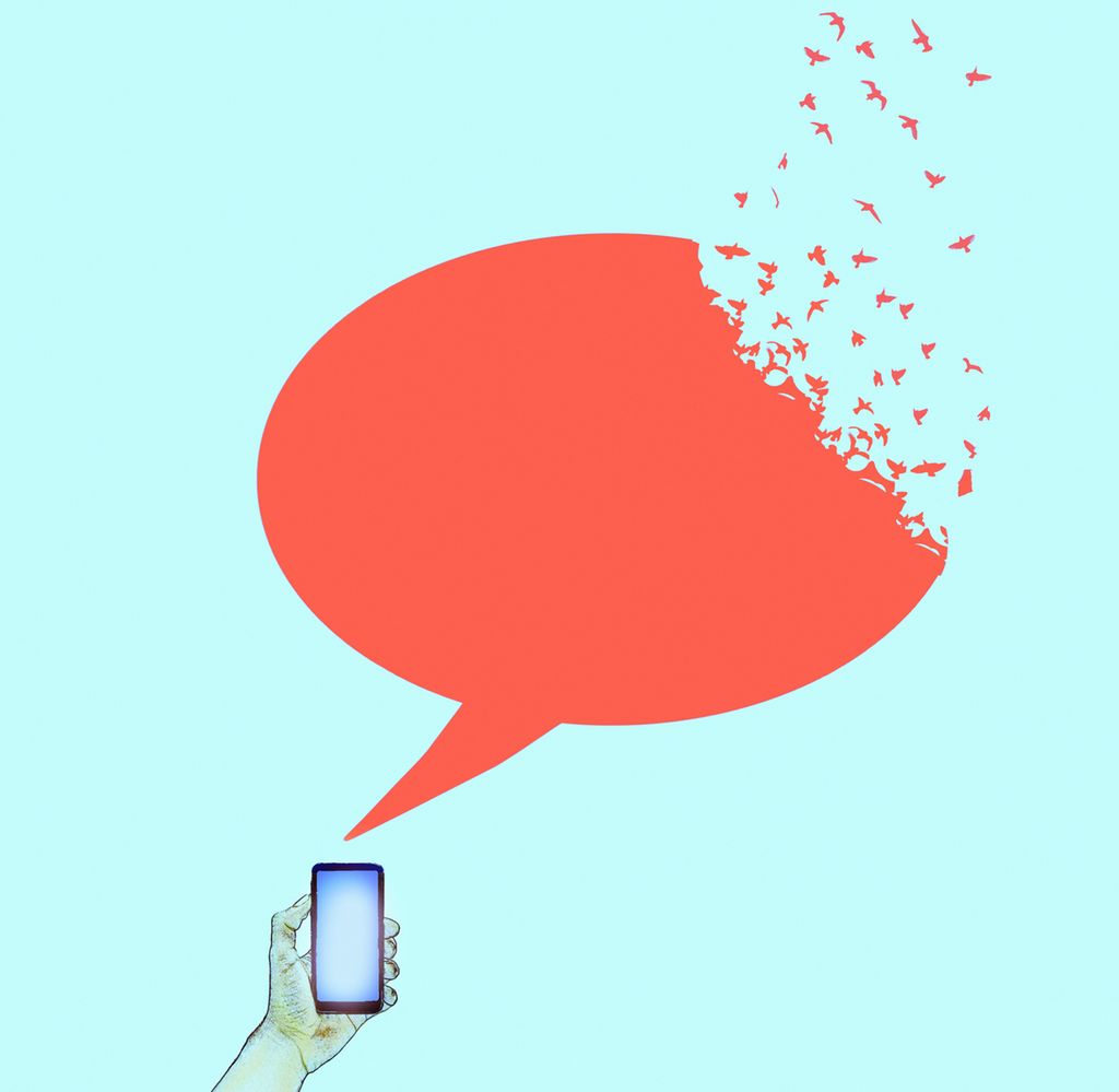 Snakkeboble kommer ut av en mobiltelefon og blir til frie fugler som flyr. Illustrasjon.