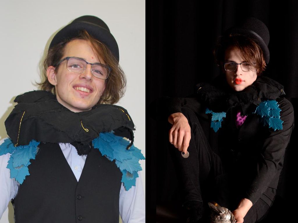 To bilder av en ung mann som har på seg en hatt og en skulpturell krage. På bildet til venstre smiler han usminket. I portrettet til høyre har han sterk sminke og poserer med en mynt og metallgjenstand i hendene. Dette bildet er lyssatt mot en mørk bakgrunn. Foto.