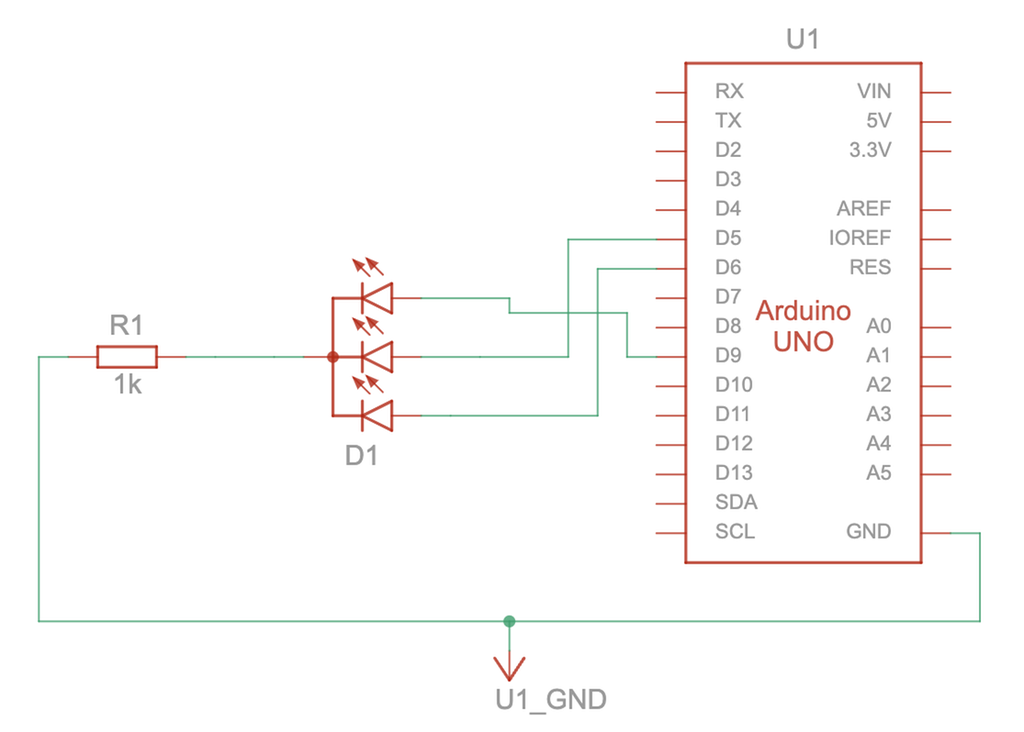 Elektrisk koplingskjema for en Arduino tilkoplet en RGB-modul. Illustrasjon.