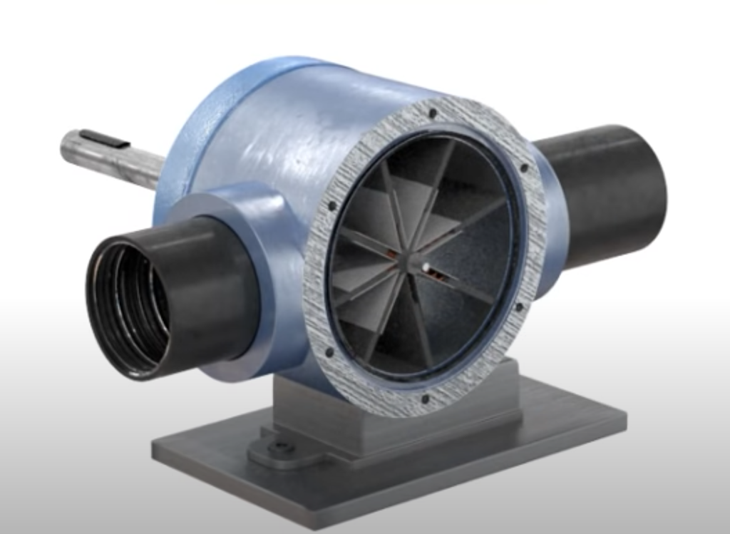 Vingepumpe uten frontlokk, vi kan se de 8 vingene som komprimerer rommene i rotasjon i klokkens retning. Pumpen har innløp på høyre side og utløp på venstre. Illustrasjon.