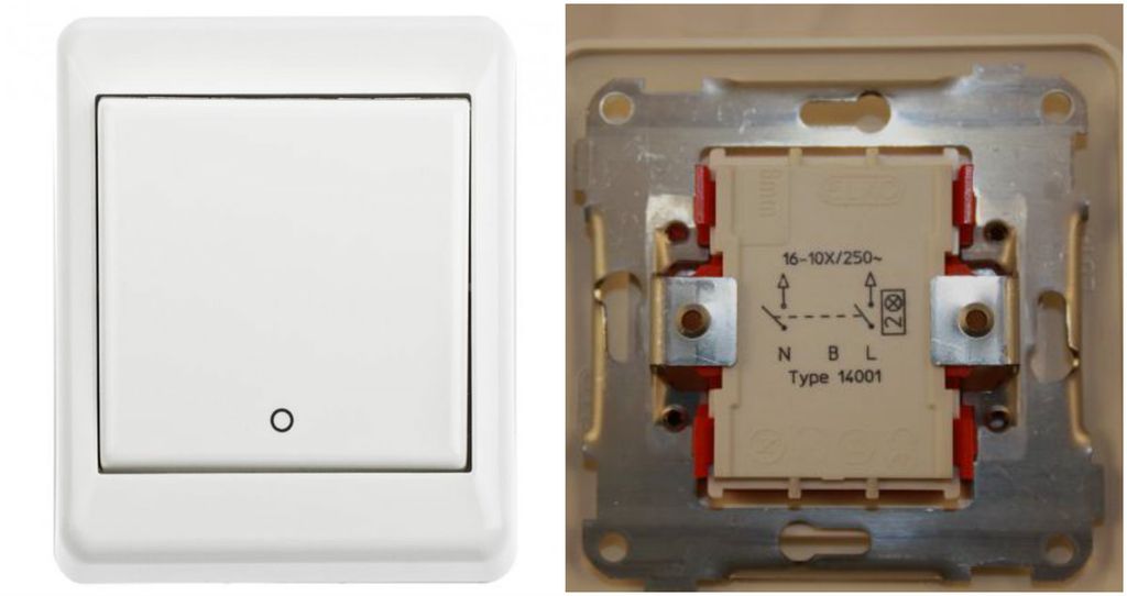 2-polt bryter. Bildet til venstre viser en «på vegg»-bryter for montering i åpent anlegg. Bildet til høyre viser hvordan innmaten ser ut bakfra i innfelt brakett, den brukes i skjult anlegg. Innmaten er den samme for begge løsninger. Vi kan se på symbolene på baksiden at dette er en 2-polt bryter. Foto.