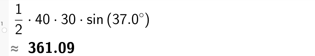 På linje 1 i CAS-vinduet i GeoGebra er det skrevet 1 halv multiplisert med 40 multiplisert med 30 multiplisert med sin parentes 37,0 gradsymbol parentes slutt. Svaret med tilnærming er 361,09. Skjermutklipp.
