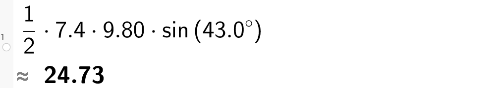 På linje 1 i CAS-vinduet i GeoGebra er det skrevet 1 halv multiplisert med 7,4 multiplisert med 9,80 multiplisert med sin parentes 43,0 gradsymbol parentes slutt. Svaret med tilnærming er 24,73. Skjermutklipp.