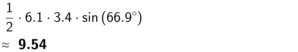 På linje 1 i CAS-vinduet i GeoGebra er det skrevet 1 halv multiplisert med 6,1 multiplisert med 3,4 multiplisert med sin parentes 66,9 gradsymbol parentes slutt. Svaret med tilnærming er 9,54. Skjermutklipp.