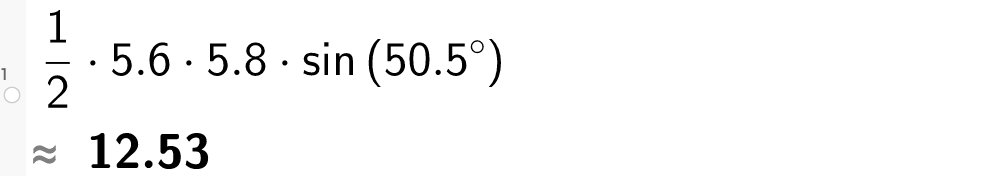 På linje 1 i CAS-vinduet i GeoGebra er det skrevet 1 halv multiplisert med 5,6 multiplisert med 5,8 multiplisert med sin parentes 50,5 gradsymbol parentes slutt. Svaret med tilnærming er 12,53. Skjermutklipp.
