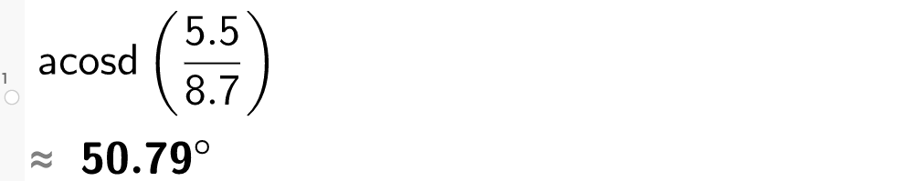 På linje 1 i CAS-vinduet i GeoGebra er det skrevet acosd parentes 5,5 dividert på 8,7 parentes slutt. Svaret med tilnærming er 50,79 grader. Illustrasjon.