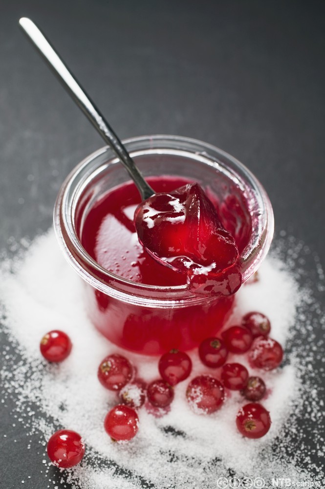 Ripsgelé i eit glas. Utanfor glaset er det strøydd sukker blant fleire heile ripsbær. Foto.