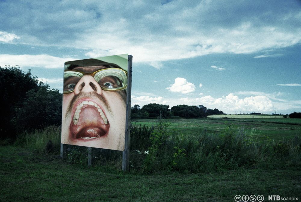 Reklameplakat i åpent landskap. Foto.