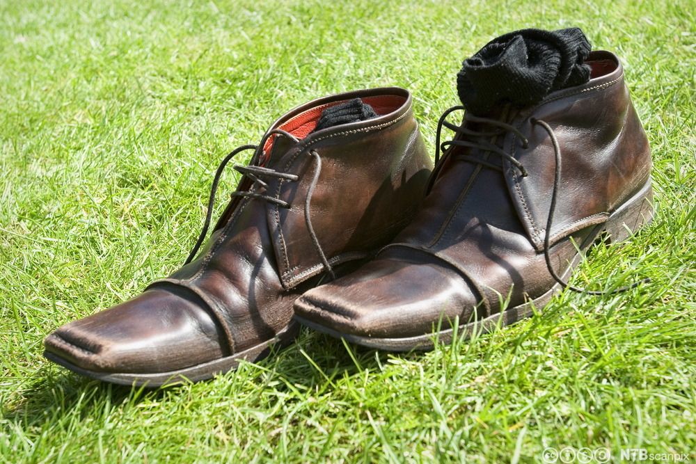 Brune herresko står på grønn gressplen. Foto.