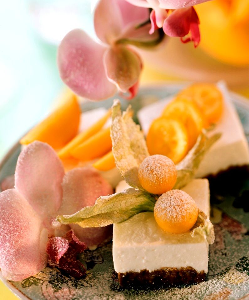 Eit stykke kake pynta med physalis. Foto.