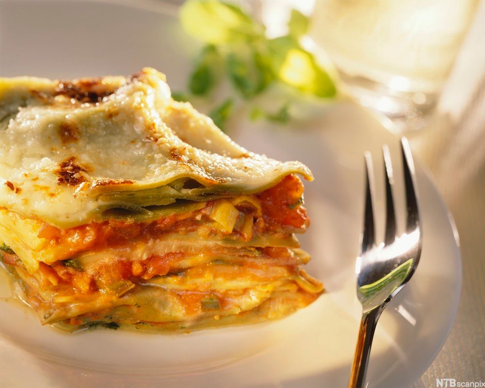 Nærbilde av en porsjon vegetarlasagne med en gaffel ved siden av. Foto.