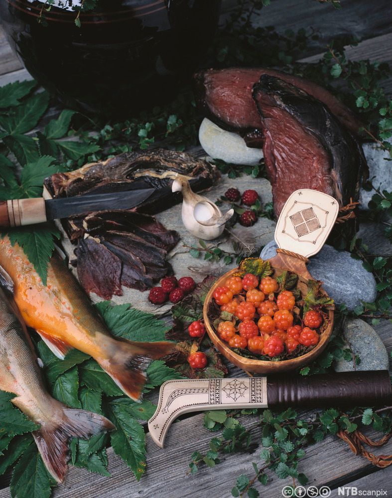 Kjøtt, fisk og molter anrettet på treplanker sammen med en samisk kniv. Foto.