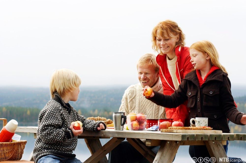 Familie spiser lunsj ute i naturen. Foto.