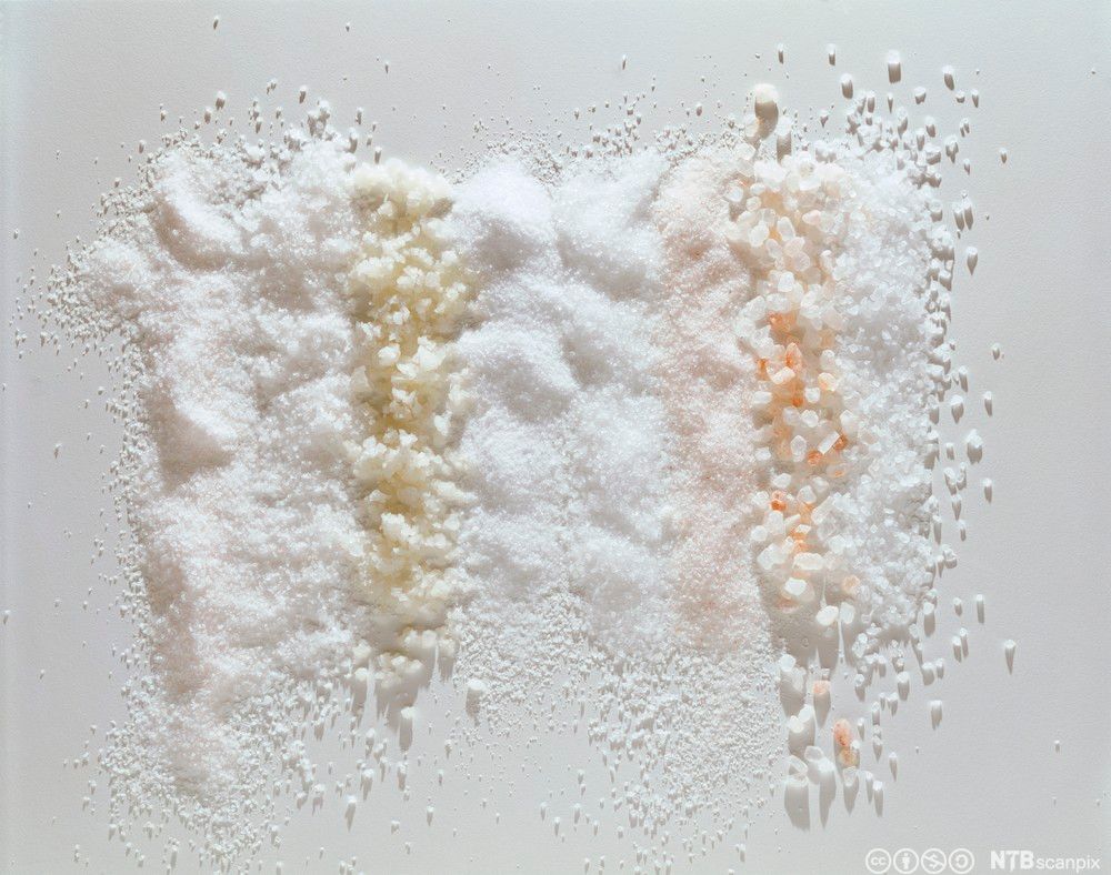 Ulike saltsortar som ligg på eit bord. Foto.