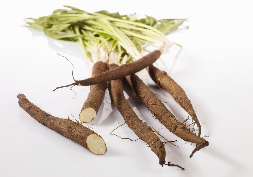 Mørkebrune, avlange, fingertjukke røter med blad på. Den eine er delt i to med kvit snittflate. Foto.