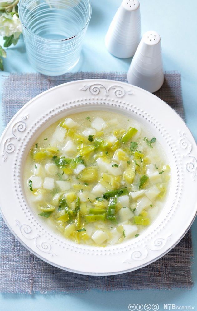 Tallerken med suppe med lysegrøne og kvite grønsaksbitar. Foto.