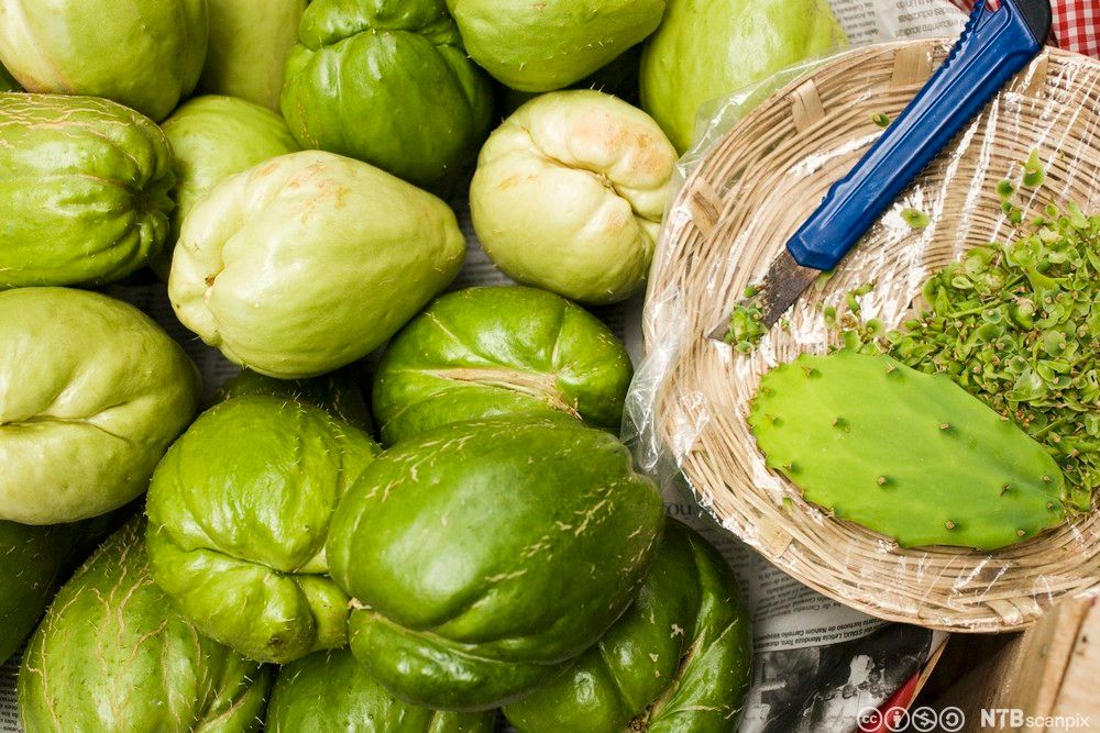 Chayote på ein marknad i Mexico. Foto.
