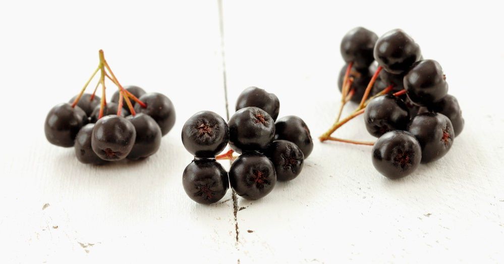 Tre klaser svarte bær på stilk på et bord. Foto.