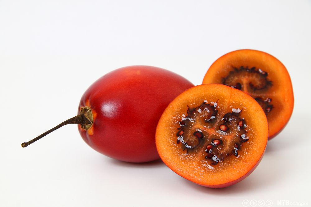 En hel og en delt tamarillo. Foto.
