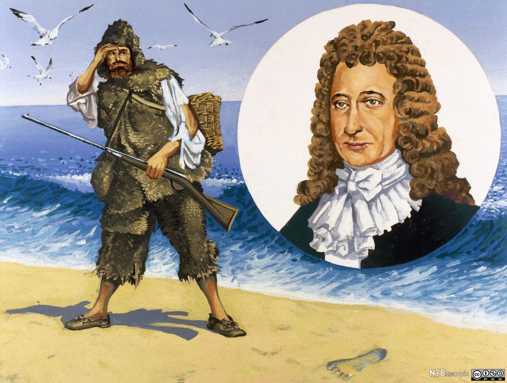 Tegning av Robinson Crusoe som ser et fotavtrykk i sanden. I tillegg er det integrert et portrett av forfatteren. Illustrasjon.