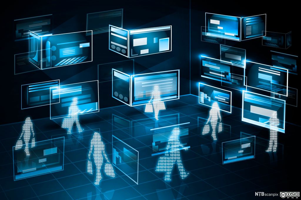 Skjermer, bokser og personer som danner en struktur. Illustrasjon.