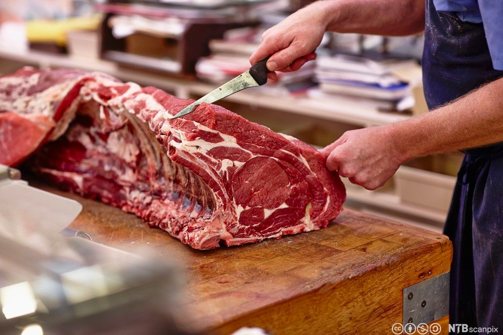 En person skjærer i en oksekam. Foto.