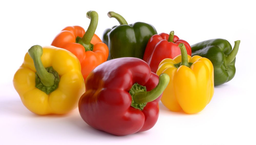 Paprika i ulike farger: gul, oransje, grønn og rød. Foto.