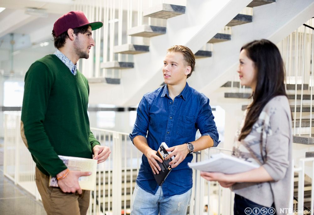 Tre studenter står og snakker med hverandre i ei trapp. Foto.