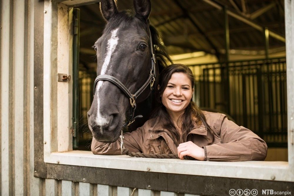 Jente med hest i stallen. Foto.