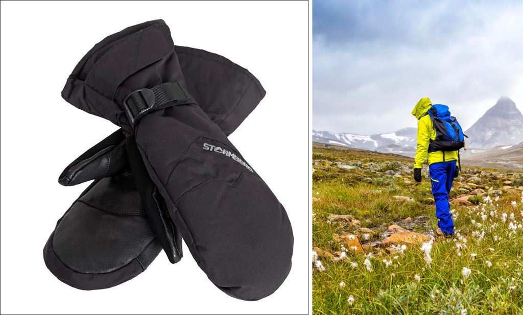 Et bildet av et par vanter og et bilde av en person som bruker vantene på fjelltur. Foto.