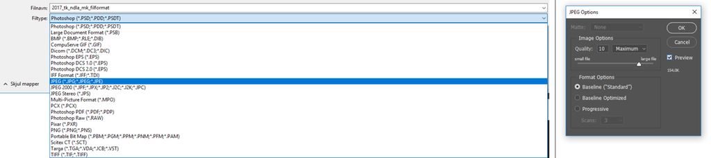 Skjermdump av de forskjellige lagringsformatene Photoshop tilbyr.