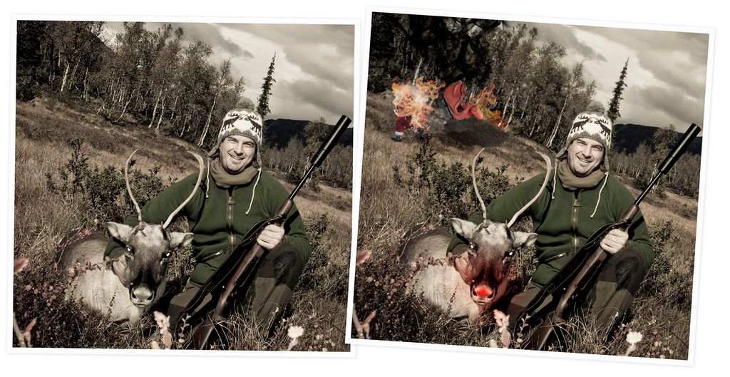 To like bilder som begge viser en jeger som viser fram en skutt rein, men det ene bildet er manipulert slik at det ser ut som at reinen har rød nese, og i bakgrunnen løper en brennende julenisse bort fra en brennende slede. Fotomontasje. 