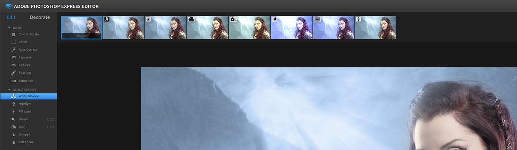 Skjermdump av hvitbalanseringsverktøyet i Photoshop Express Editor.
