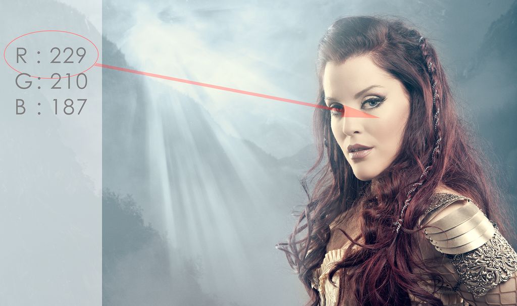 Portrett hvor RGB-verdiene i modellens ansikt vises. Foto.