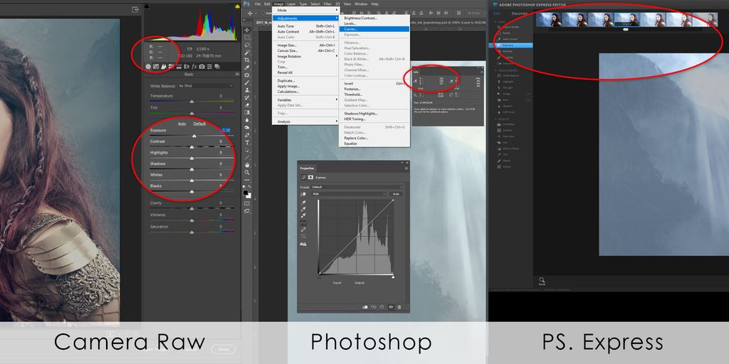 Skjermdump av forskjellige bildebehandlingsprogrammer hvor verktøy for lysjustering vises.