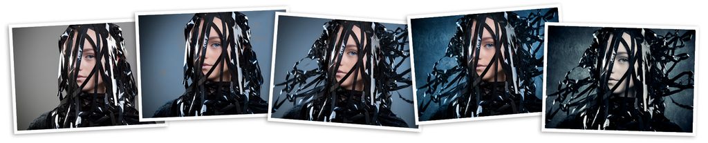 Kollasj med forskjellinge versjoner av samme portrett. Foto.