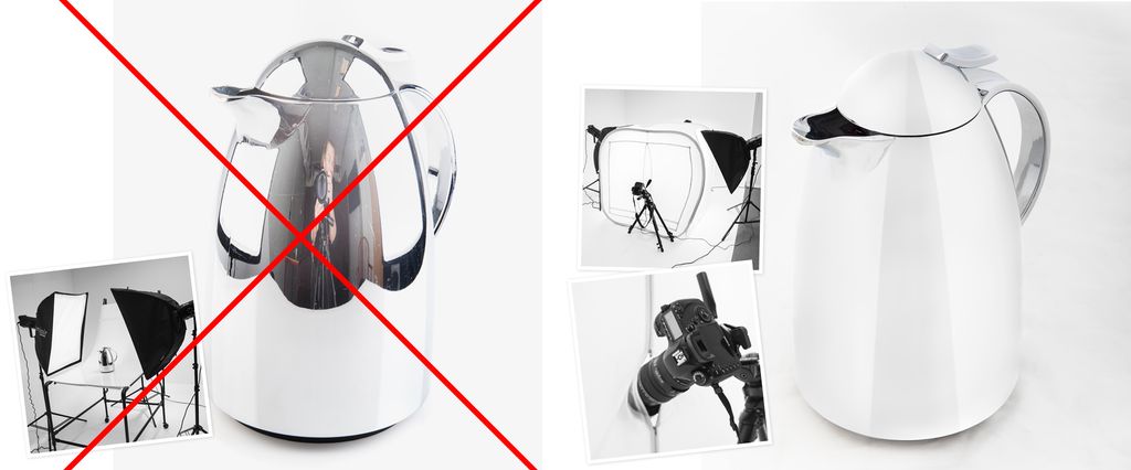 Kollasj som viser riktig og feil måte å produktfotografere en blank kaffekanne på. Bildet til venstre viser bruk av blitslamper med softbokser, noe som gir uheldige refleksjoner i produktet. Bildet til høyre viser bruk av blitslamper og et lystelt som gir lys uten uheldige refleksjoner fra omgivelsene. Kameraet er stukket inn i en liten åpning i lysteltet. Foto.