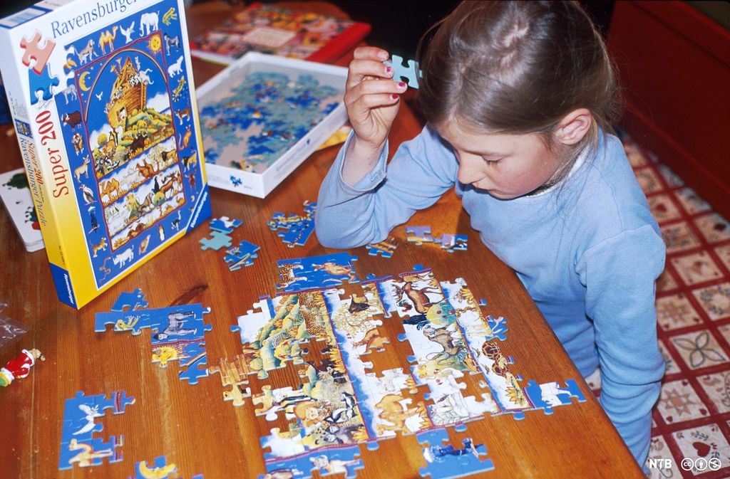 Ei jente legger puslespill med bilder av dyr. Foto.