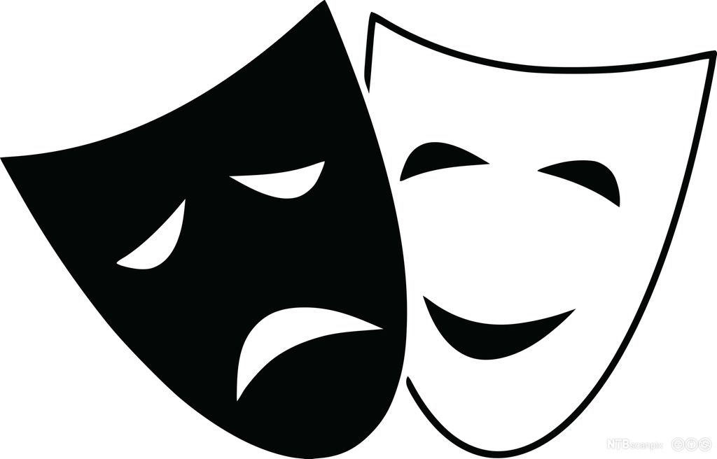 To teatermasker, en svart som er lei seg, og en hvit som er glad. Illustrasjon. 