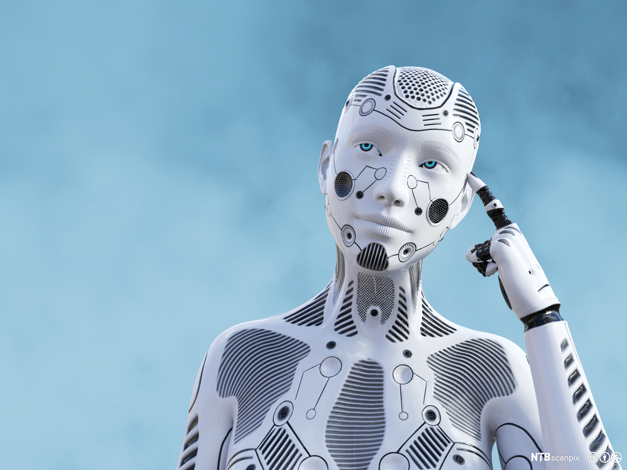 En robot med kvinneansikt har fingeren mot hodet og ser ut som hen tenker. Illustrasjon. 