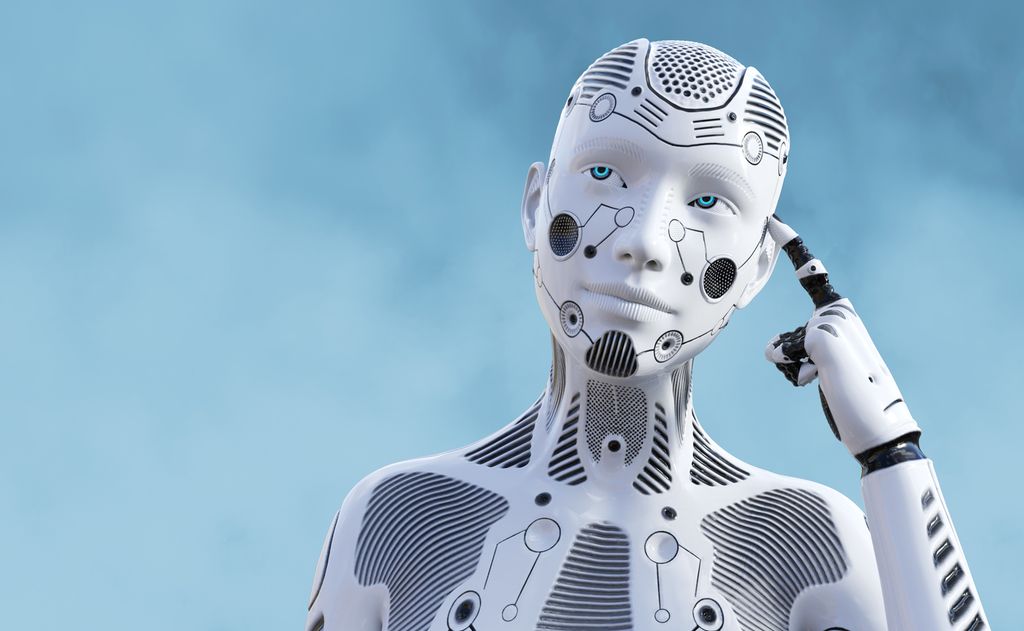 En robot med kvinneansikt har fingeren mot hodet og ser ut som hen tenker. Illustrasjon.