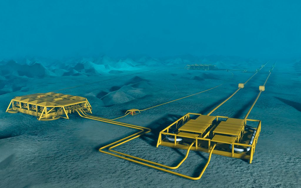 Rør og utstyr på havbunnen. Illustrasjon.