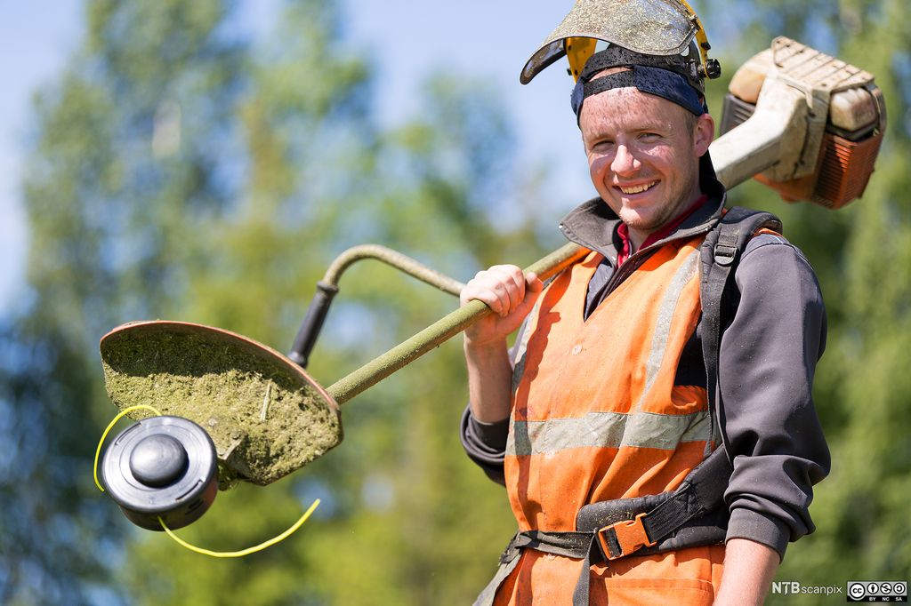 Anleggsgartnar med grasklippar. Foto.