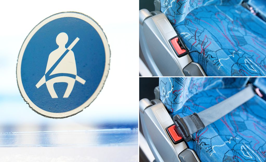 Kollasj som viser et setebelteskilt og et sete med og uten setebeltet kobla i.