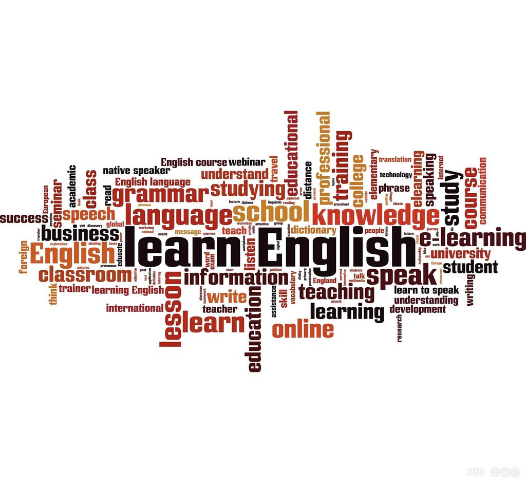 A word cloud with a lot of words related to learning English.